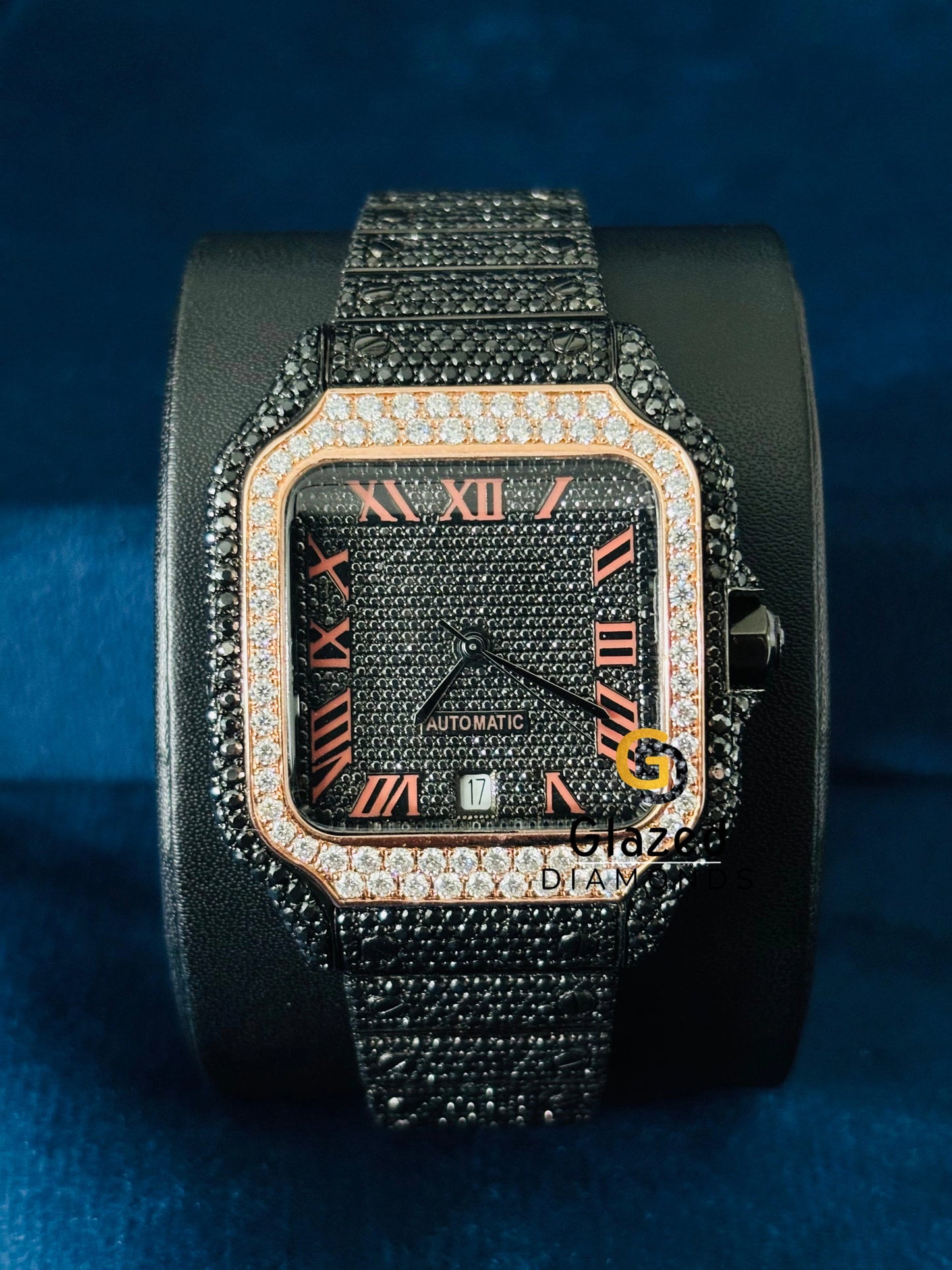 Iced Out Studded Black Diamond Roman Number Watch