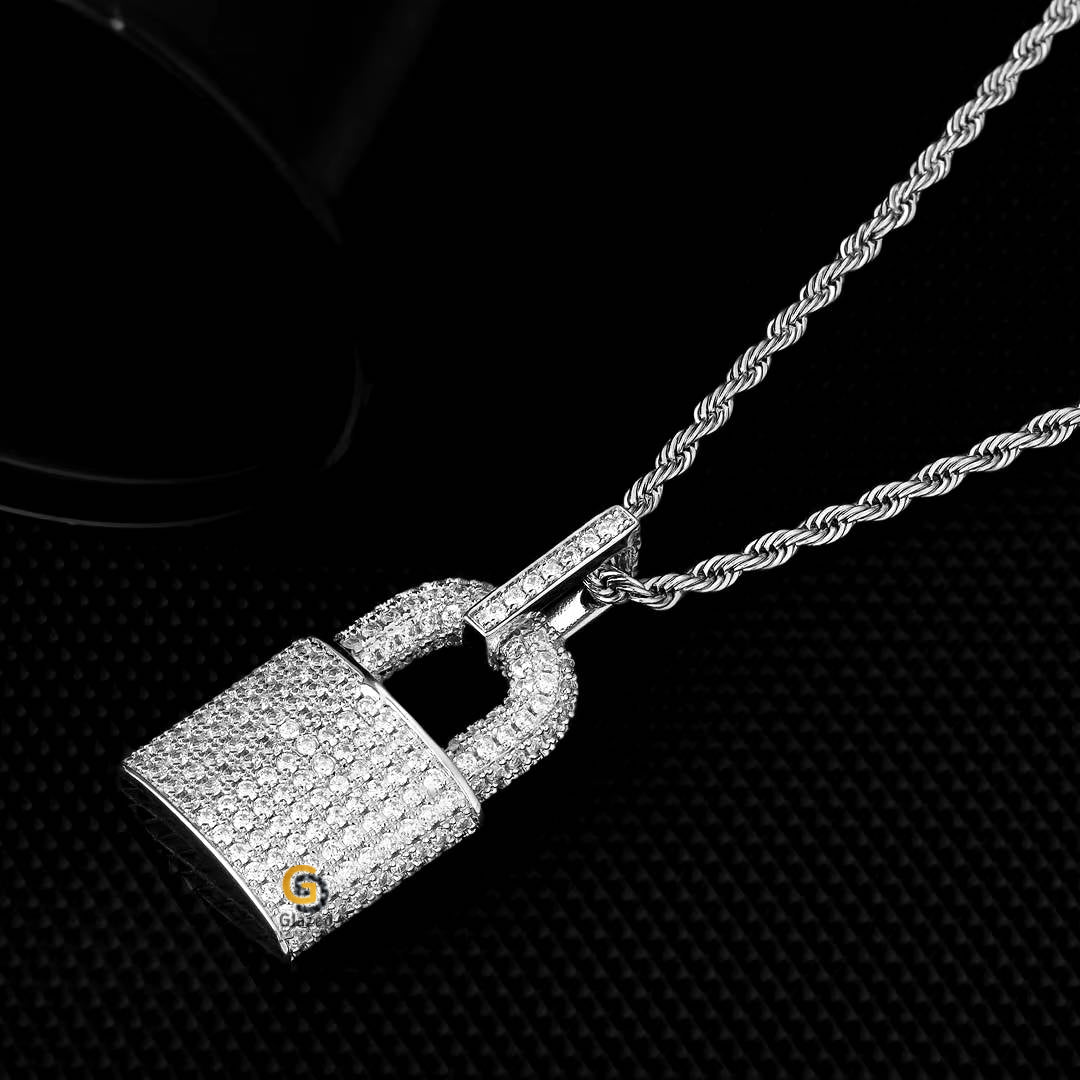 Lock Iced Out Moissanite SIlver Pendant
