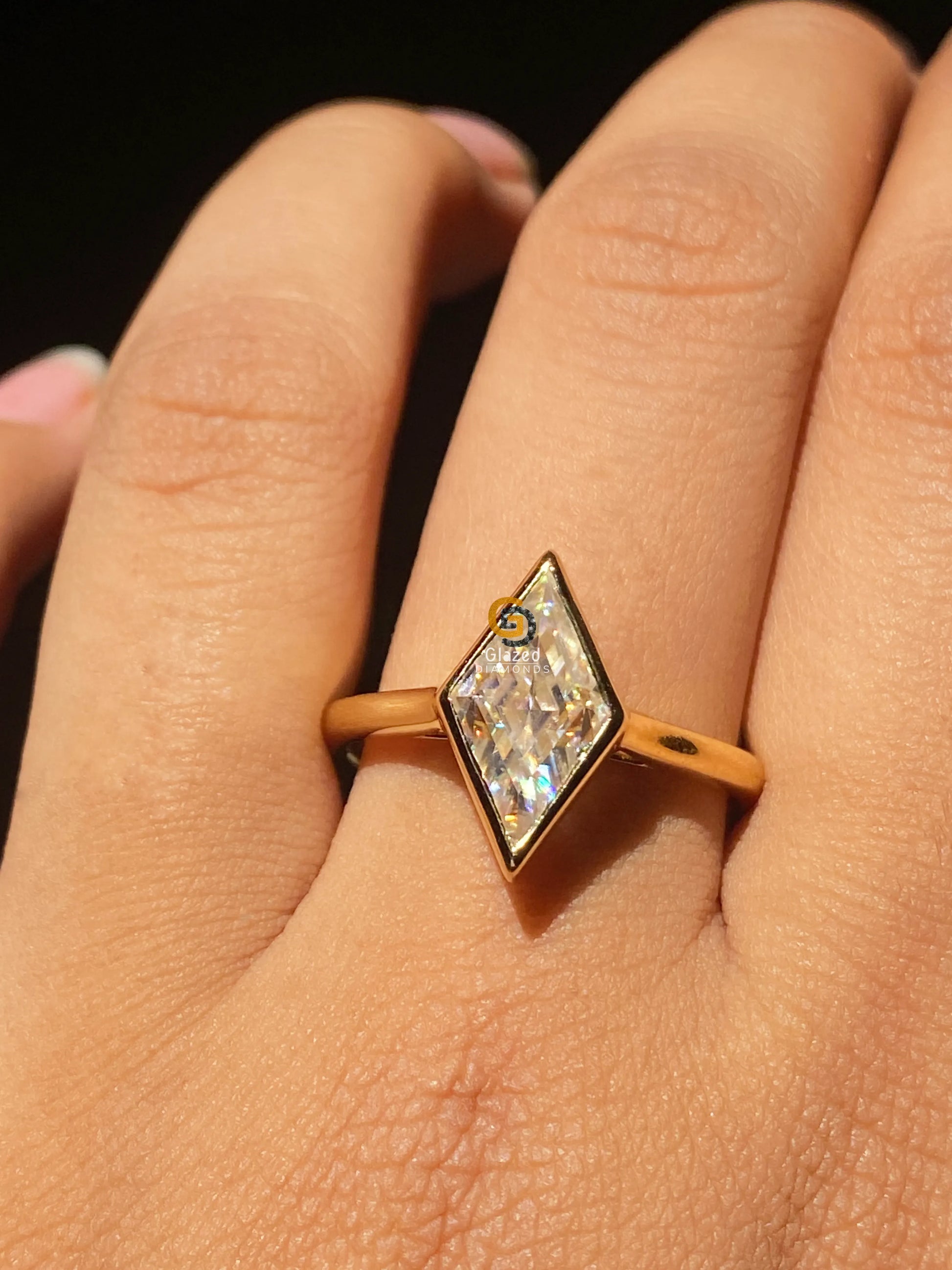 Lozenge Cut Moissanite Bezel Set Ring