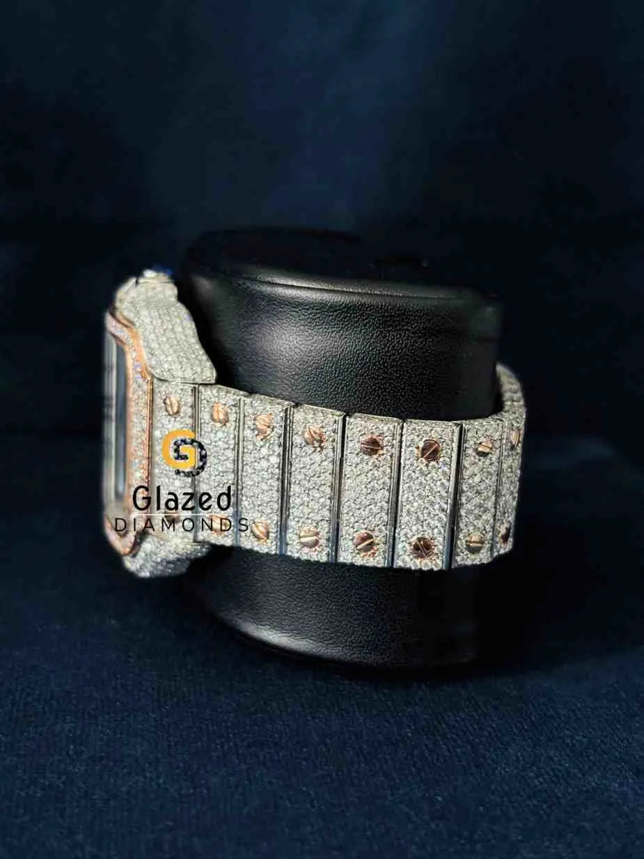 Men_s Bust Down Real Moissanite Two Tone Roman Number Dial Cartier Watch