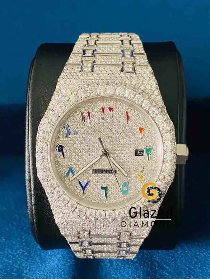 Men_s Fully Studded Moissanite Colorful Arabic Number Dial Luxury Watch
