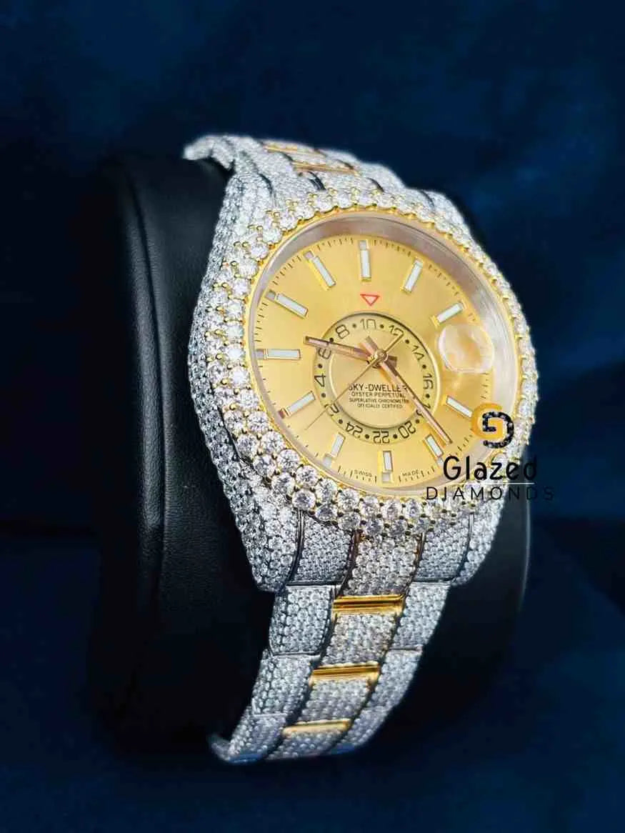 Men_s Two Tone Diamond Studded Sky Dweller Stainless Steel Stap Watch