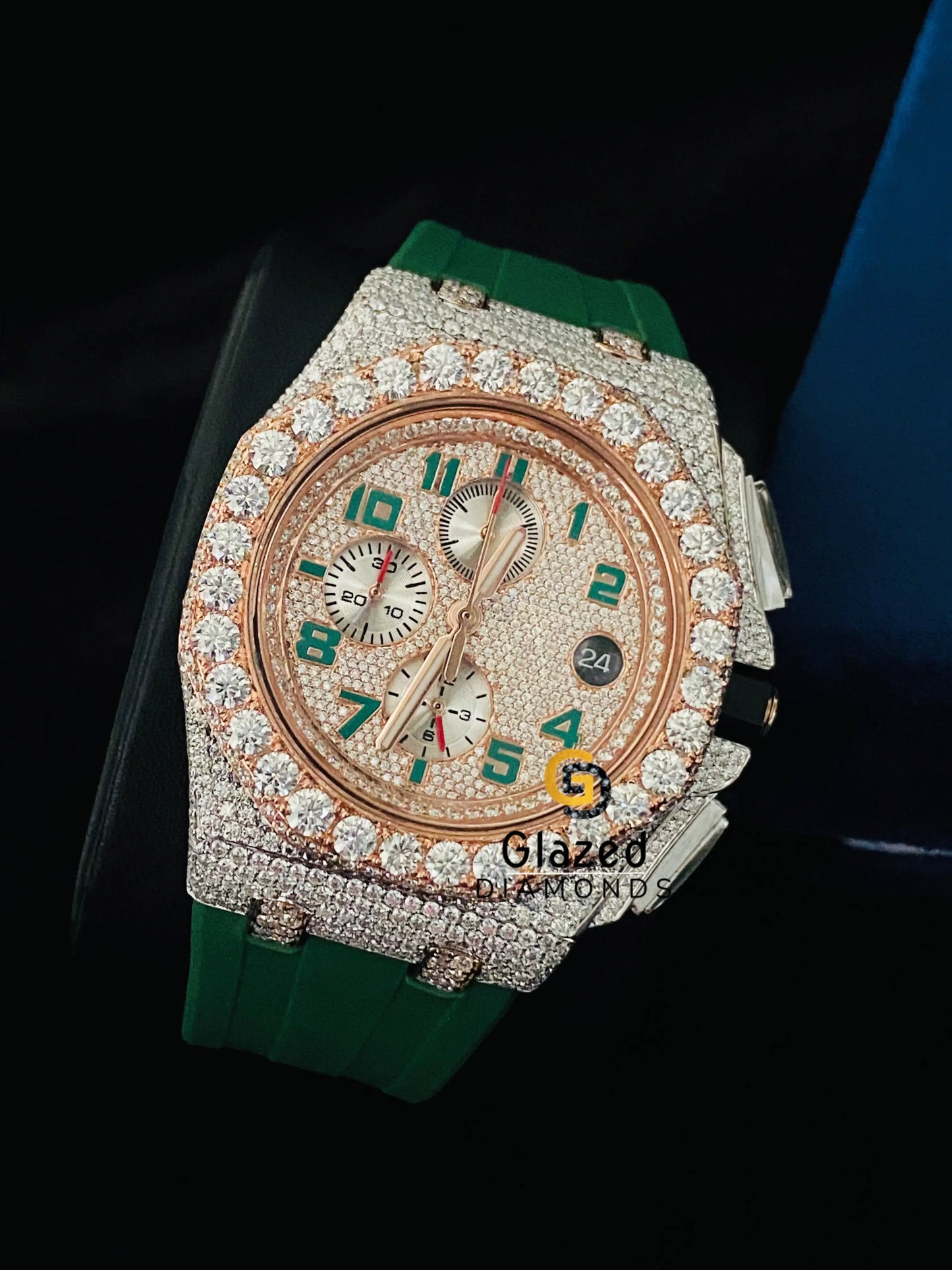 Arabic Face Dial Bust Down Green Silicone Strap VVs Moissanite Watch