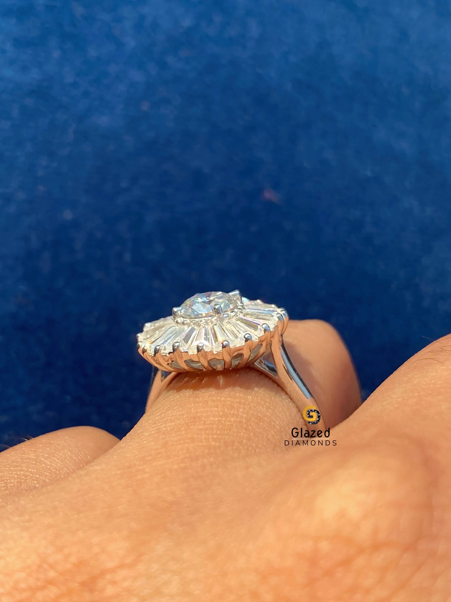 Moissanite Baguette Cut Cluster Halo Engagement Ring