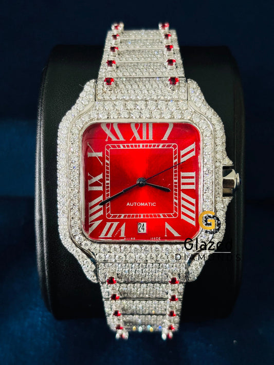 Moissanite Iced Out Red Dial Watch