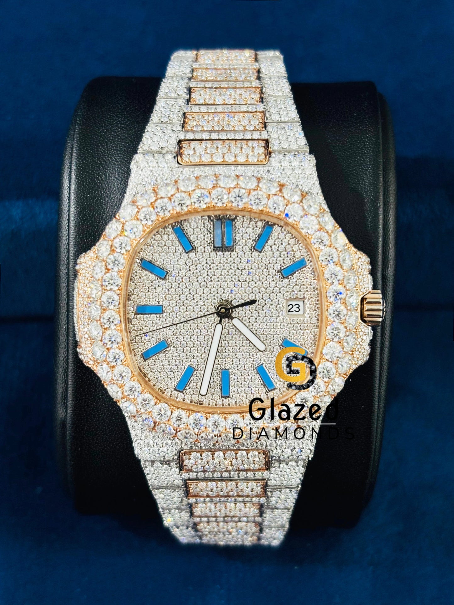 Moissanite Iced Out Sky Blue Bar Studded Watch