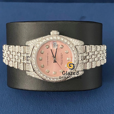 Pink Dial Fully Iced Out Moissanite Diamond Studded Watch