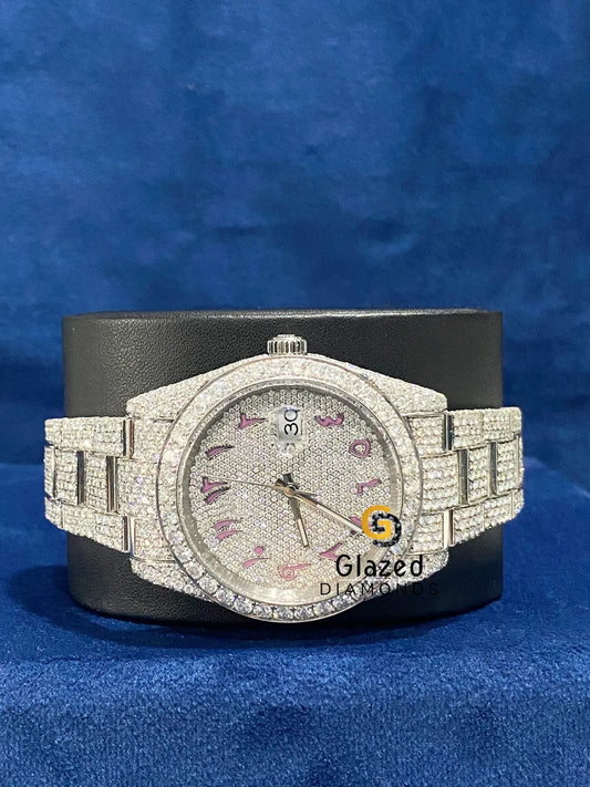 Pink Dial Fully Iced Out VVs Moissanite Hip Hop Watch For Men