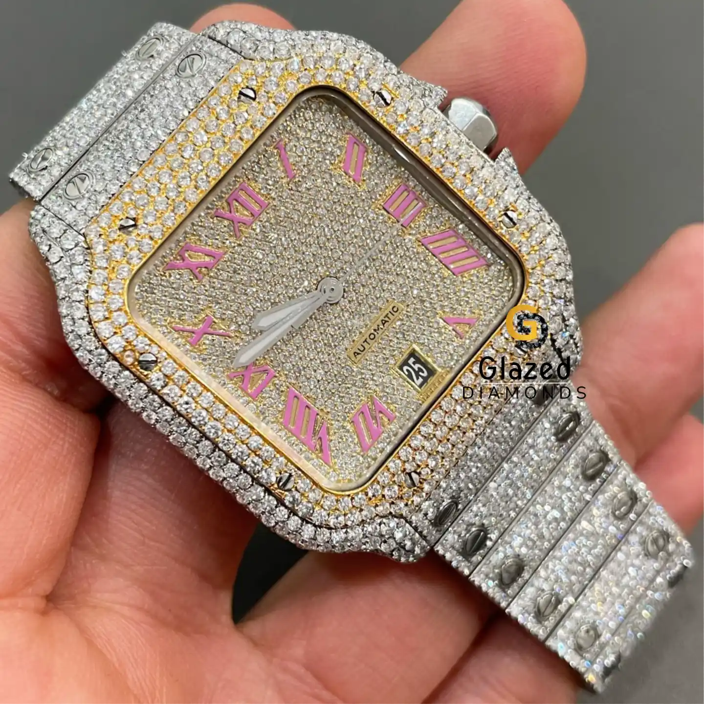 Pink Roman Full Moissanite Watch 2