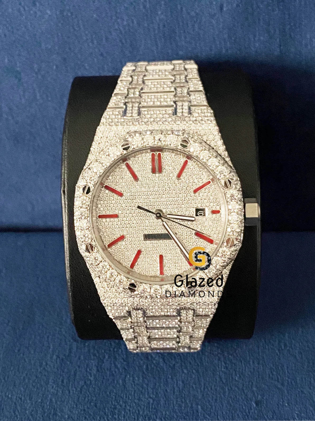 Red Roman Dial Fully Bust Down VVs Moissanite Diamond Watch