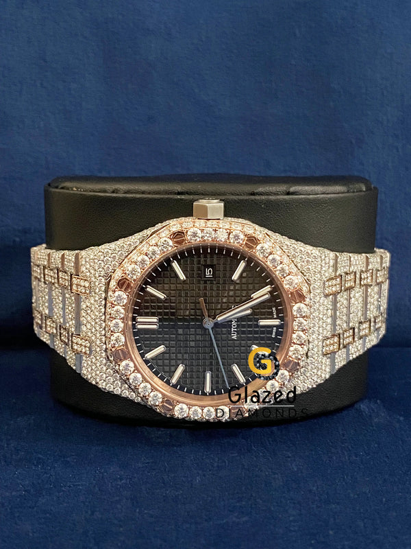 Roman Black Dial Two Tone Fully Iced Out VVs Moissanite Watch
