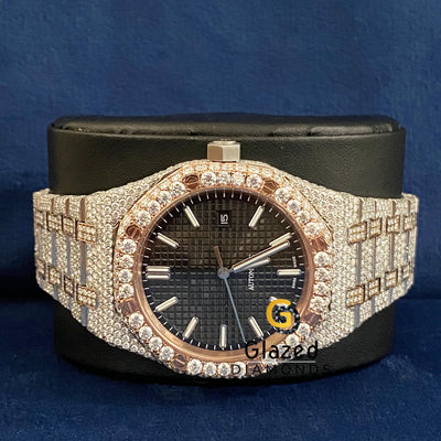 Roman Black Dial Two Tone Fully Iced Out VVs Moissanite Watch