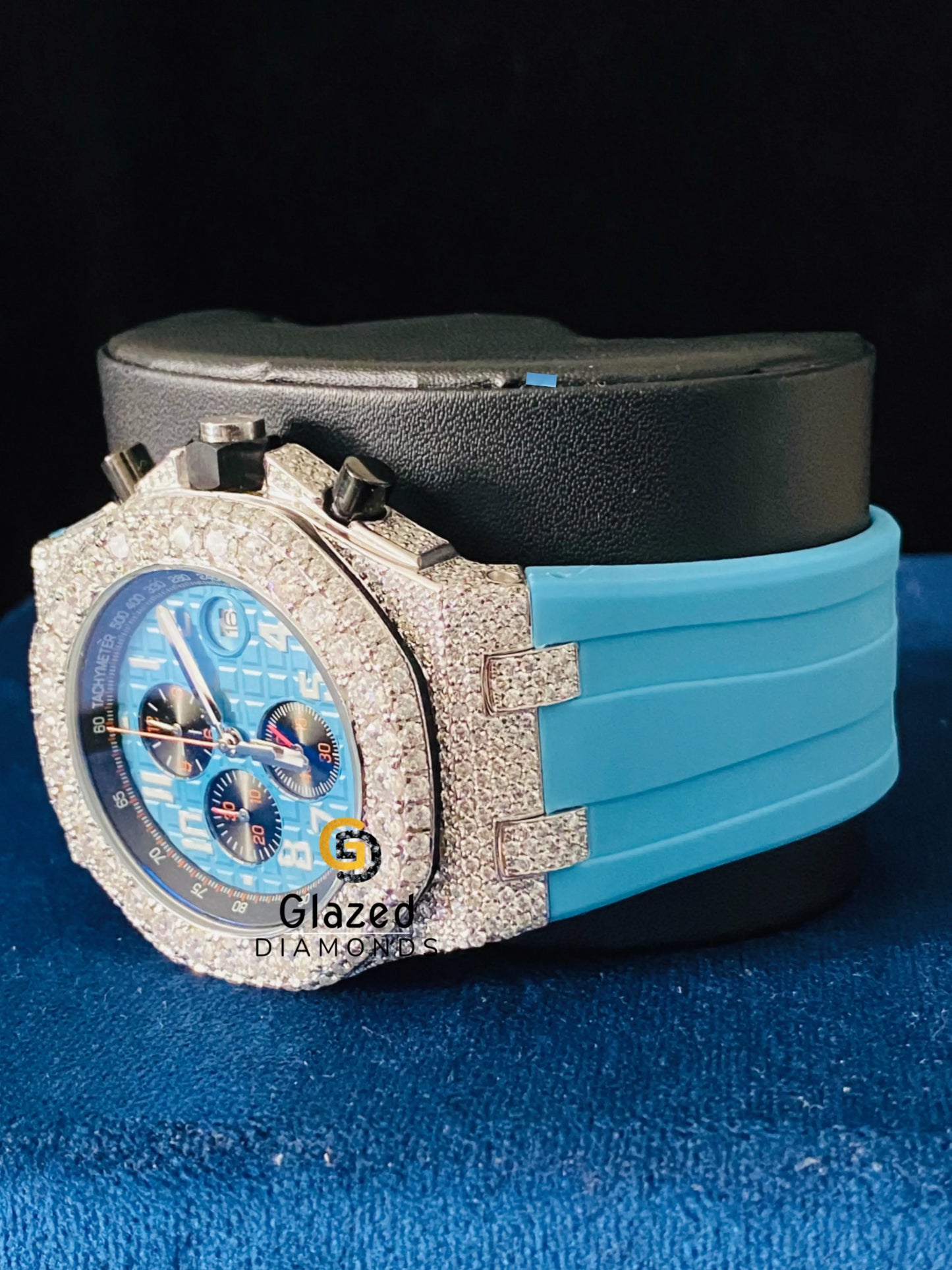Sky Blue Silicone Strap Chronograph Fully Iced Out Moissanite Watch