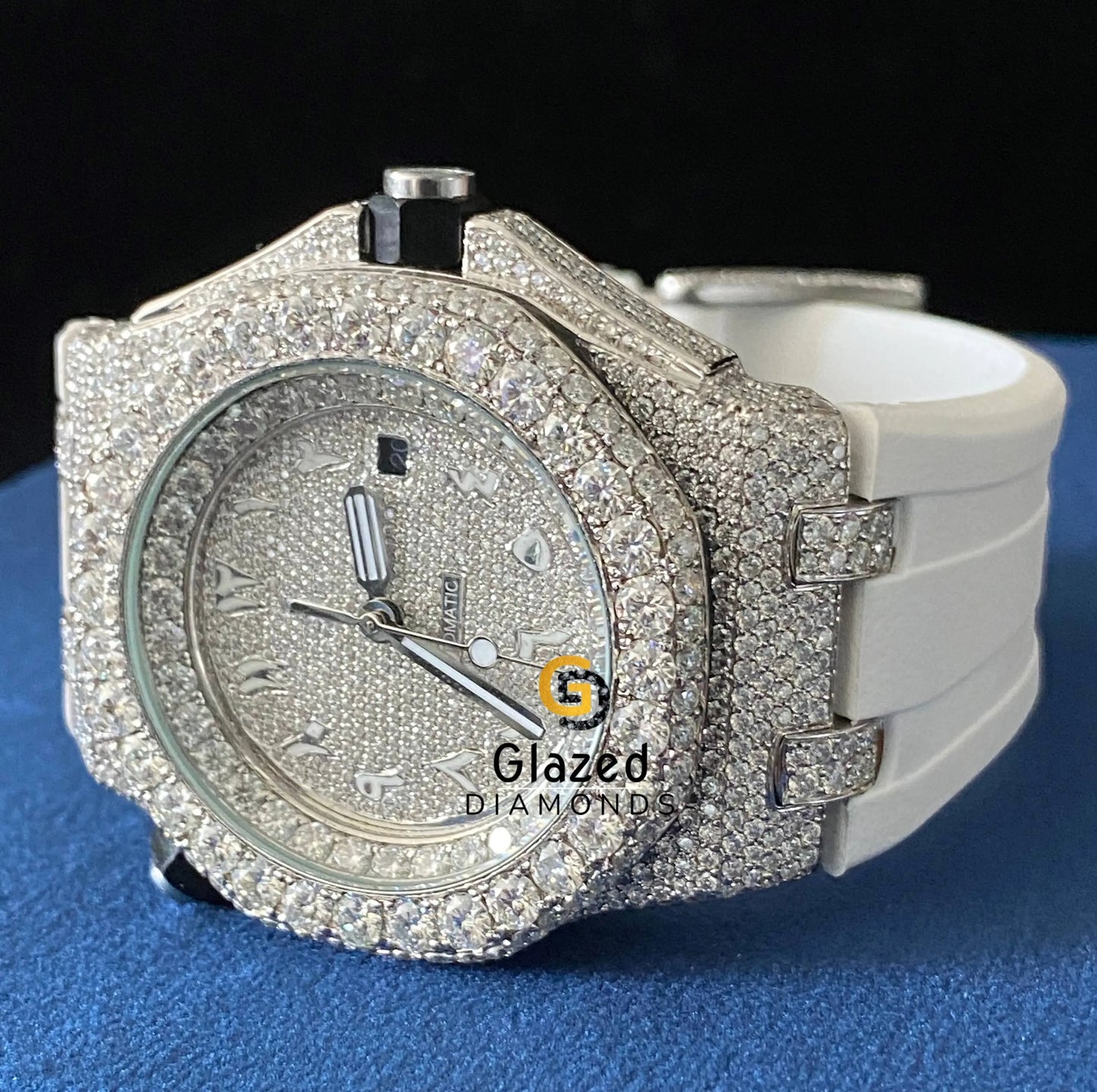 Bust Down Silicone White Strap VVS Moissanite Watch Arabic Face Dial