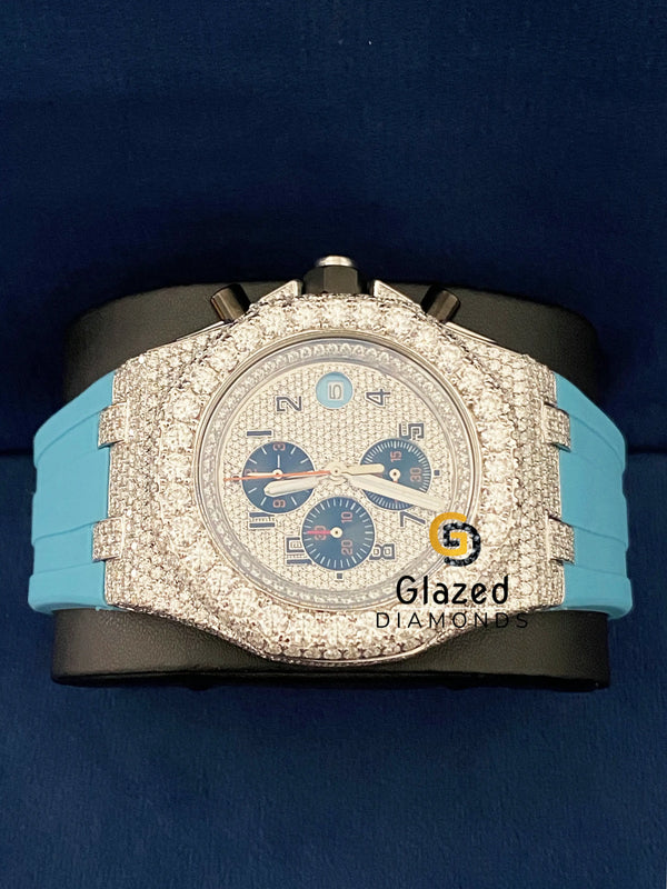 Silicone Sky Blue Strap Chronograph VVs D Colorless Moissanite Watch