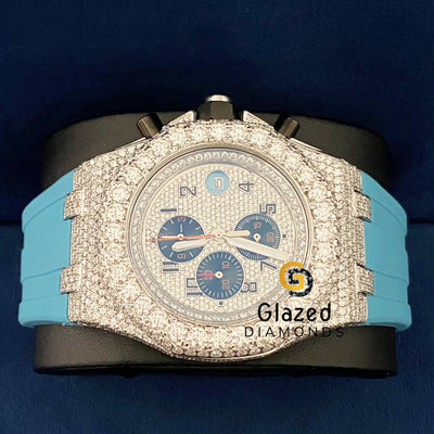 Silicone Sky Blue Strap Chronograph VVs D Colorless Moissanite Watch