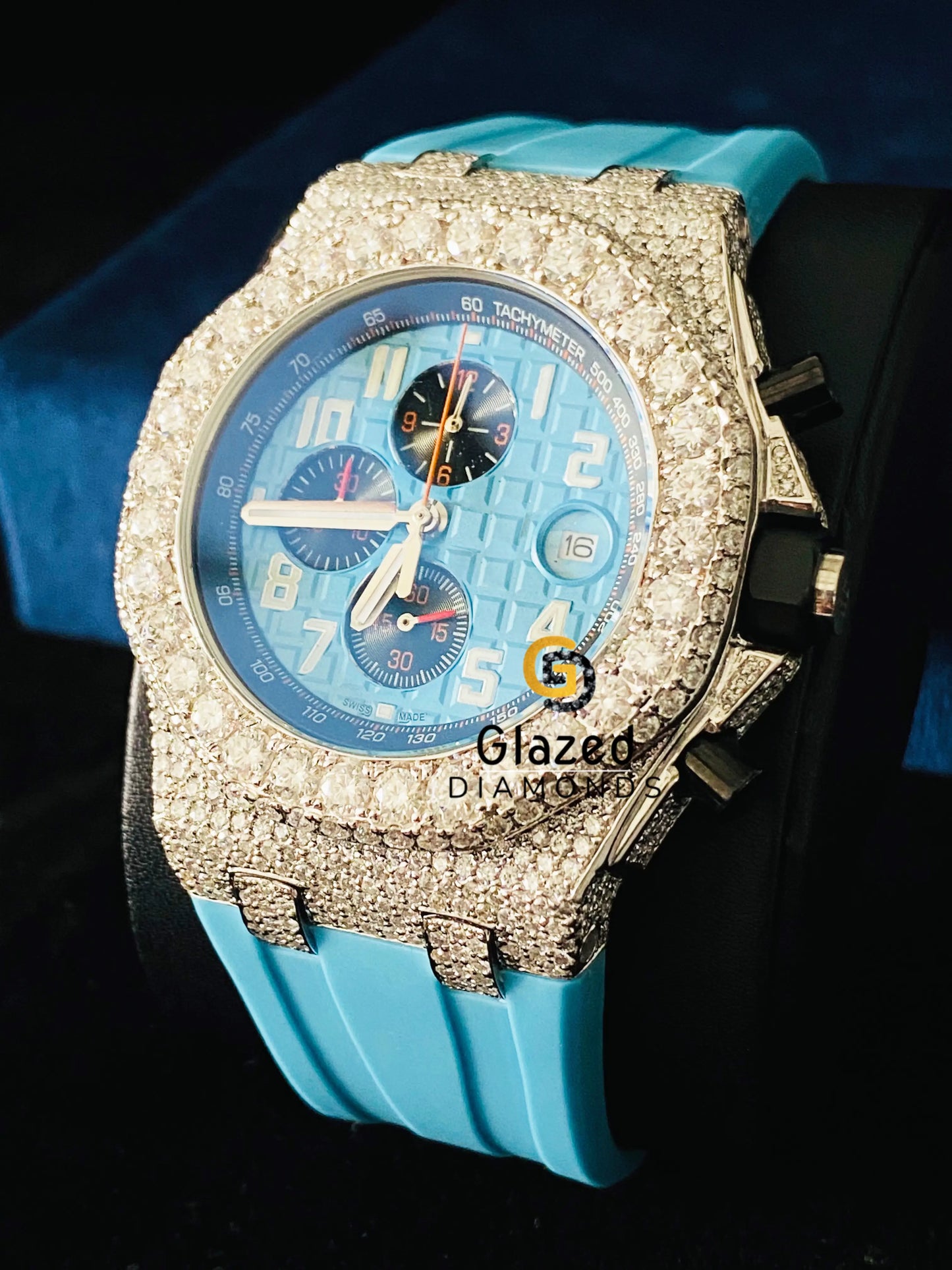 Sky Blue Silicone Strap Chronograph Fully Iced Out Moissanite Watch