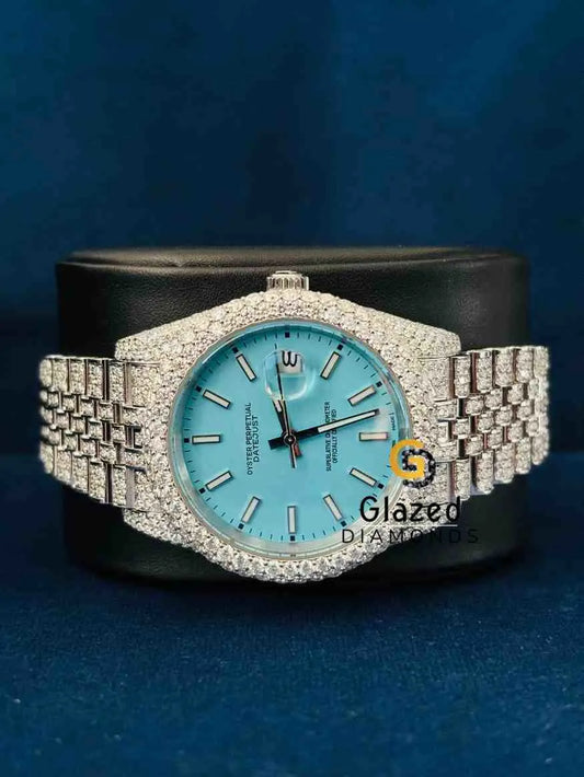 Sky Blue Dial Baguette Bar Diamond Studded Wrist Watch