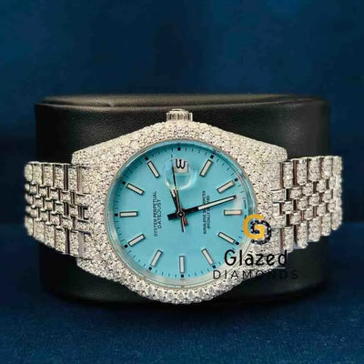 Sky Blue Dial Baguette Bar Diamond Studded Wrist Watch