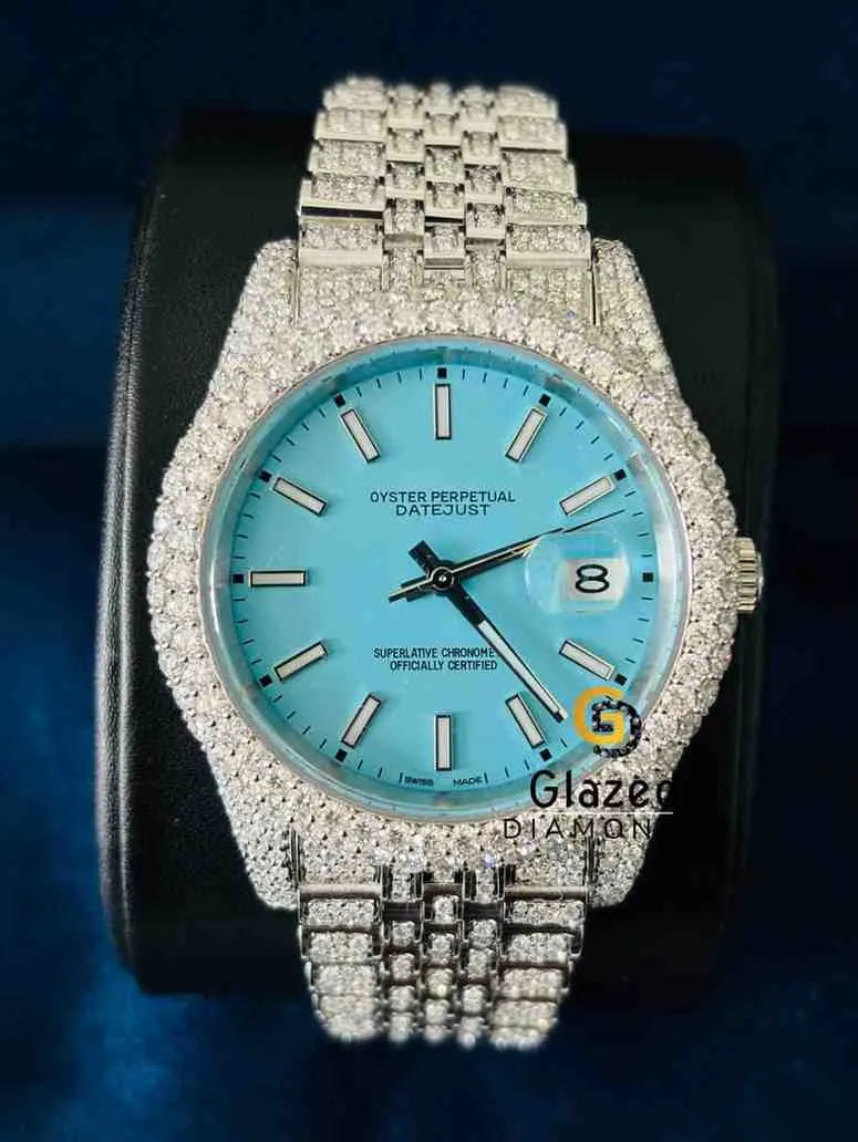 Sky Blue Dial Baguette Bar Moissanite Watch For Men