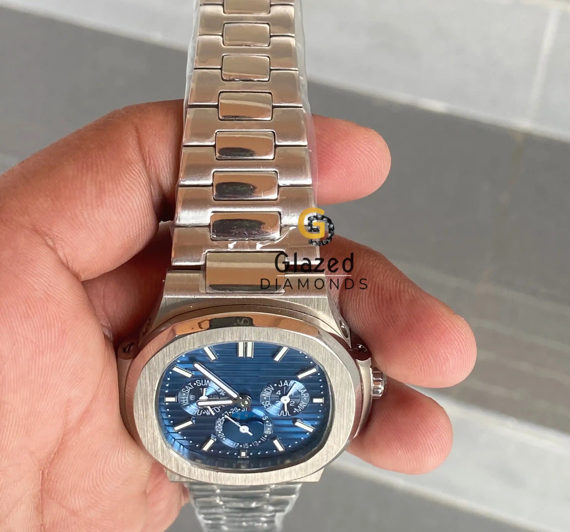 Stainless Steel Blue Dial Hip Hop Watches
