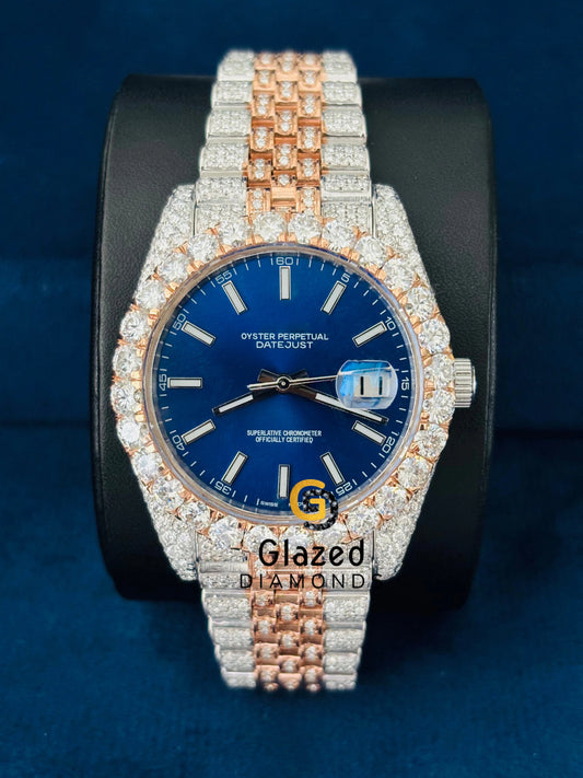 Stainless Steel Iced Out Jubilee Strap Blue Dial Moissanite Watch