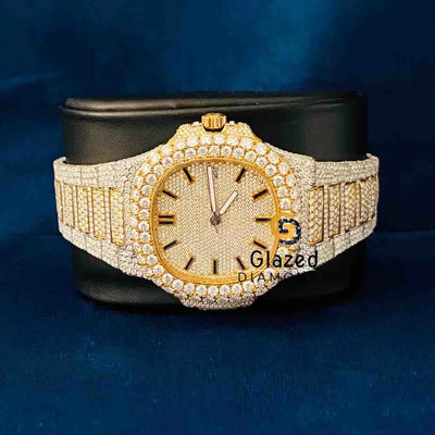 Two Tone Black Bar Dial Moissanite Wrist Watch