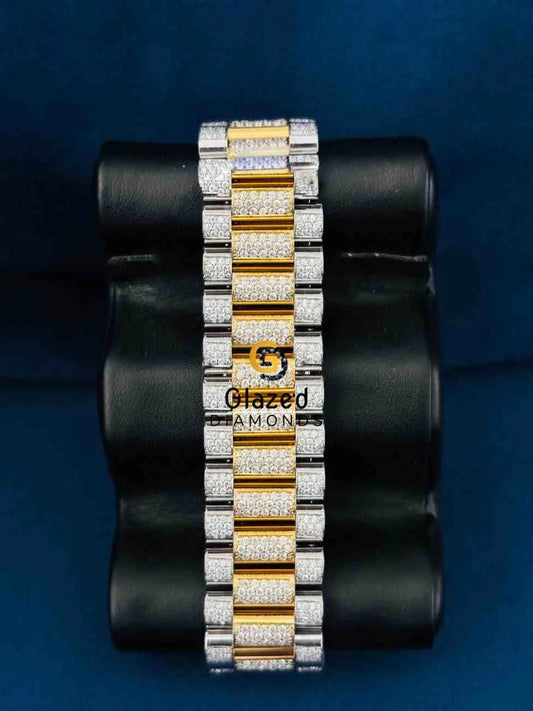 Two Tone Bust Down White Dial Diamond Studded Moissanite Watch