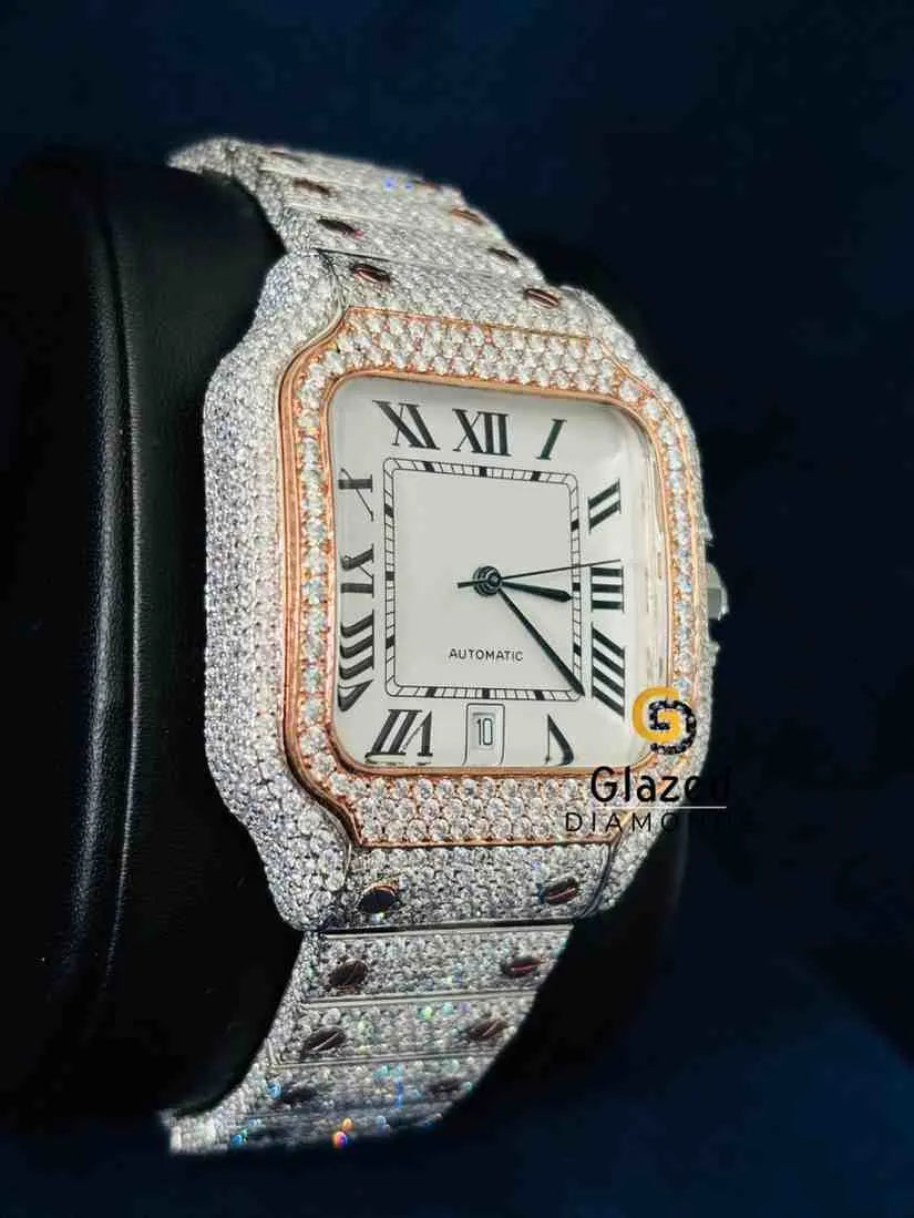 Two Tone Diamond Studded Roman Number White Dial Wrist Moissanite Watch