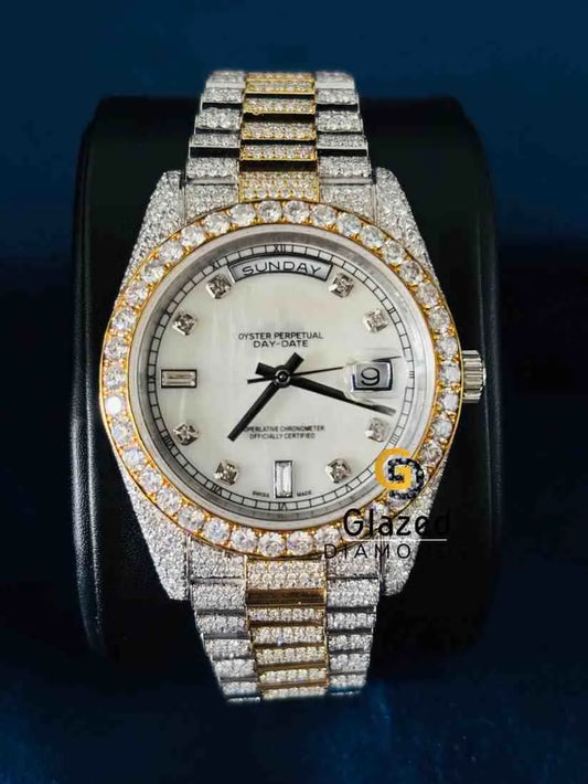Two Tone Fully Iced Out Moissanite Rolex Watch For Men