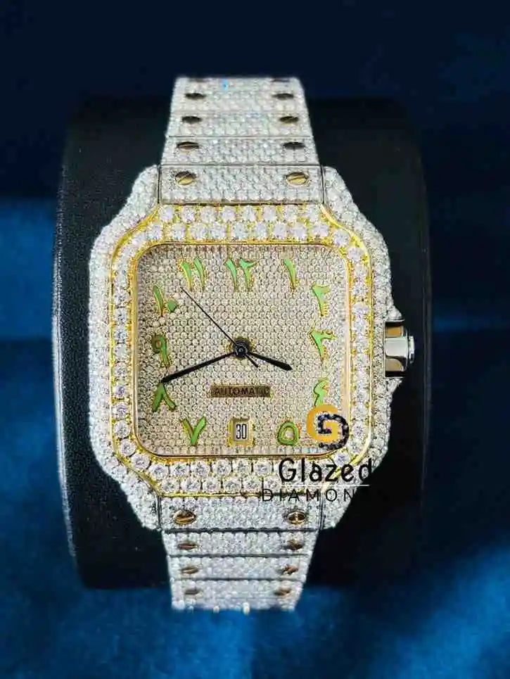 Two Tone Green Arabic Number Dial Moissanite Watch