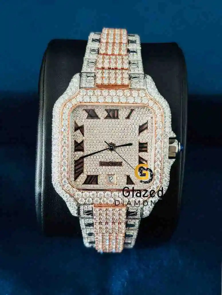 Two Tone Roman Dial Fully Studded Moissanite Watch