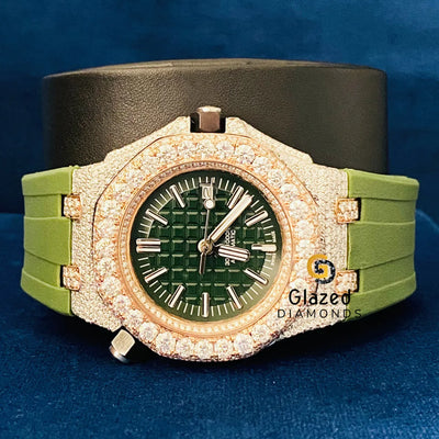 Two Tone Silicone Green Stick Dial Hip Hop Moissanite Watch