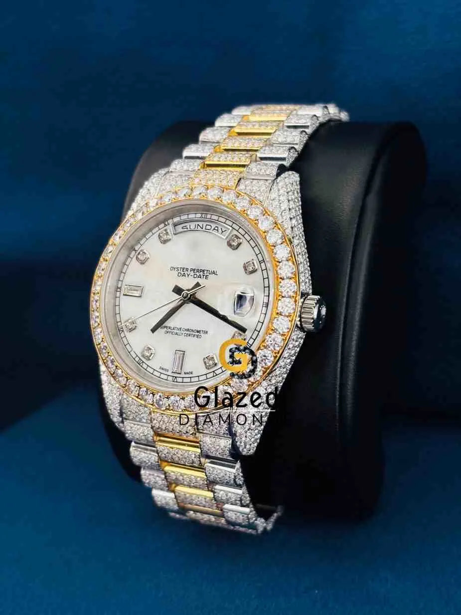 Two Tone VVS Moissanite Diamond Studded White Dial Watch