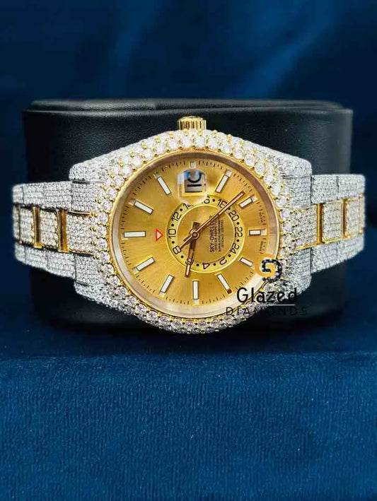 Two Tone Yellow Dial Baguette Bar Stainless Steel Wrist Moissanite Watch