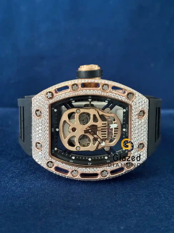 Unique Face Dial Balck Silicone Strap Moissanite Watch