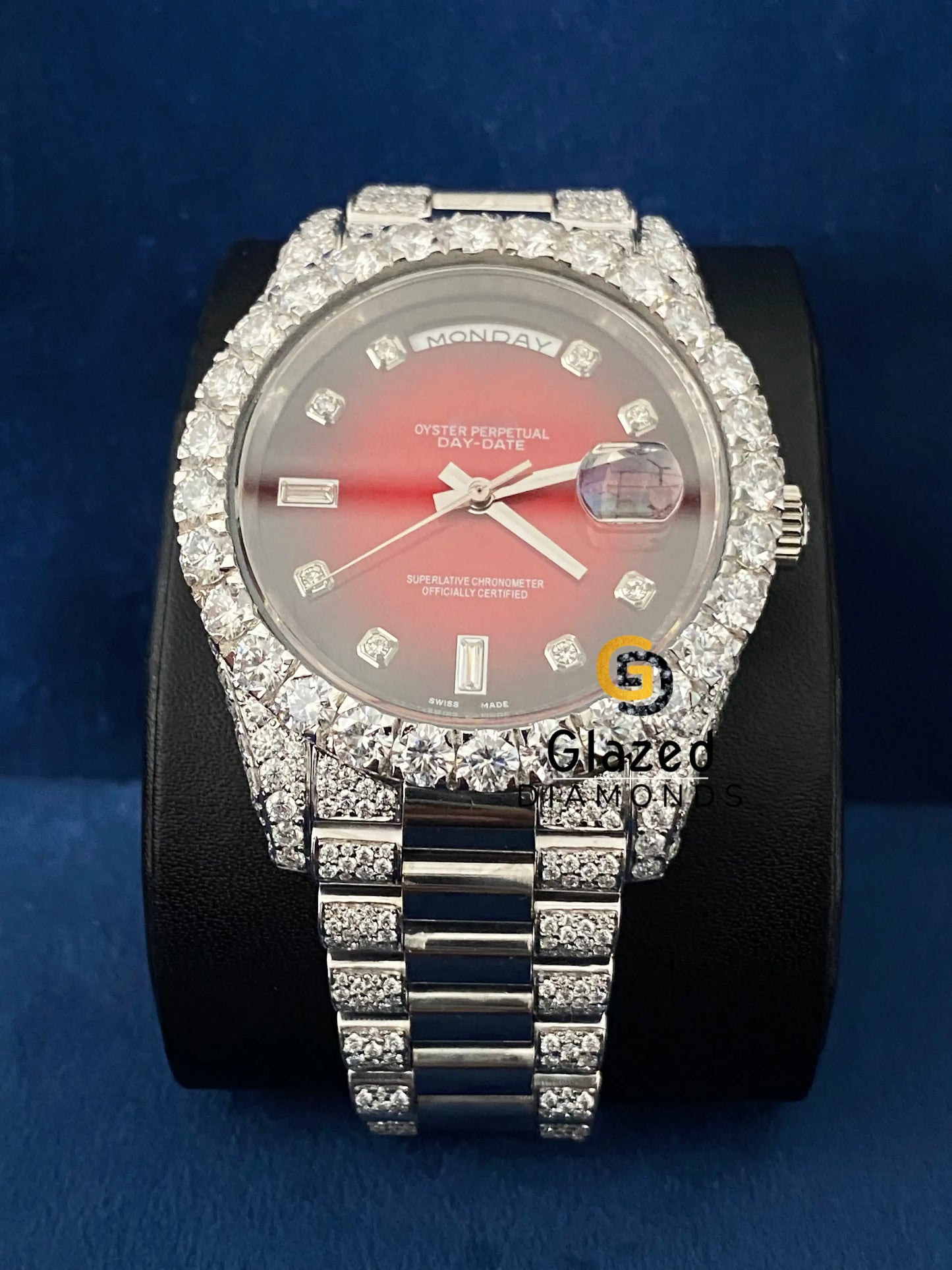 VVS Moissanite Bust Down Day Date Red Dial Watch