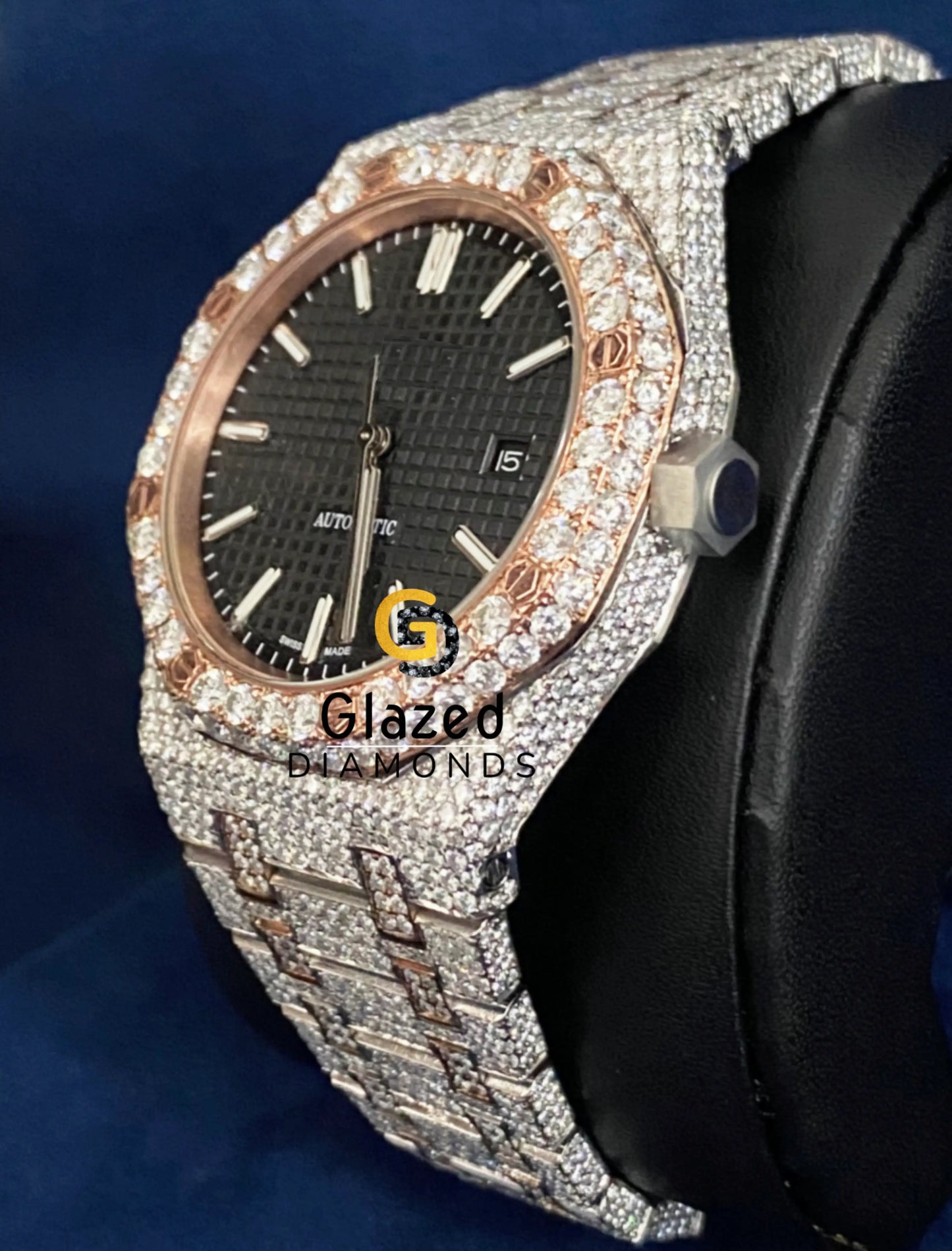 VVs Moissanite D Colorless Roman Black Dial Bust Down Watch