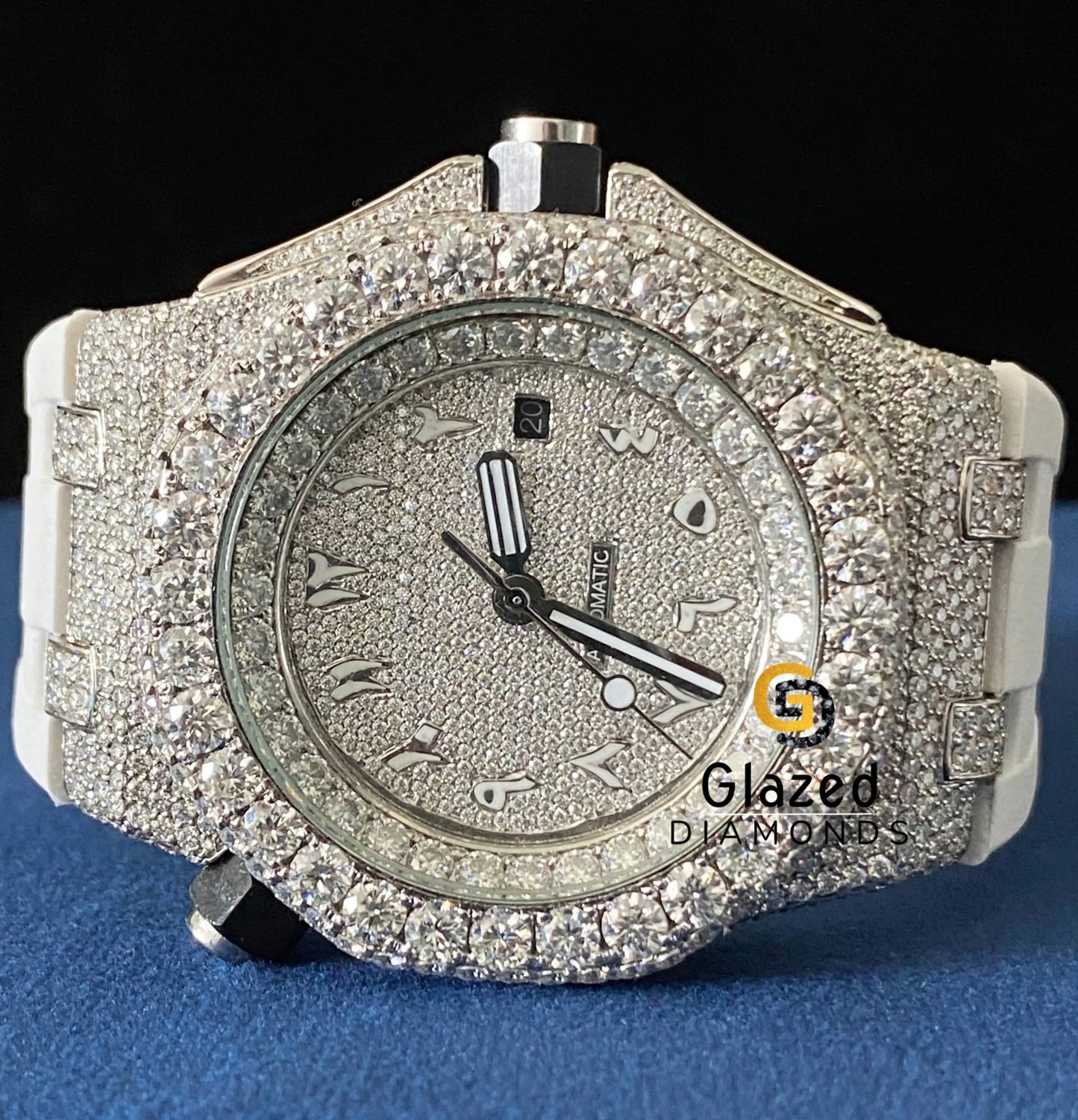 Bust Down Silicone White Strap VVS Moissanite Watch Arabic Face Dial