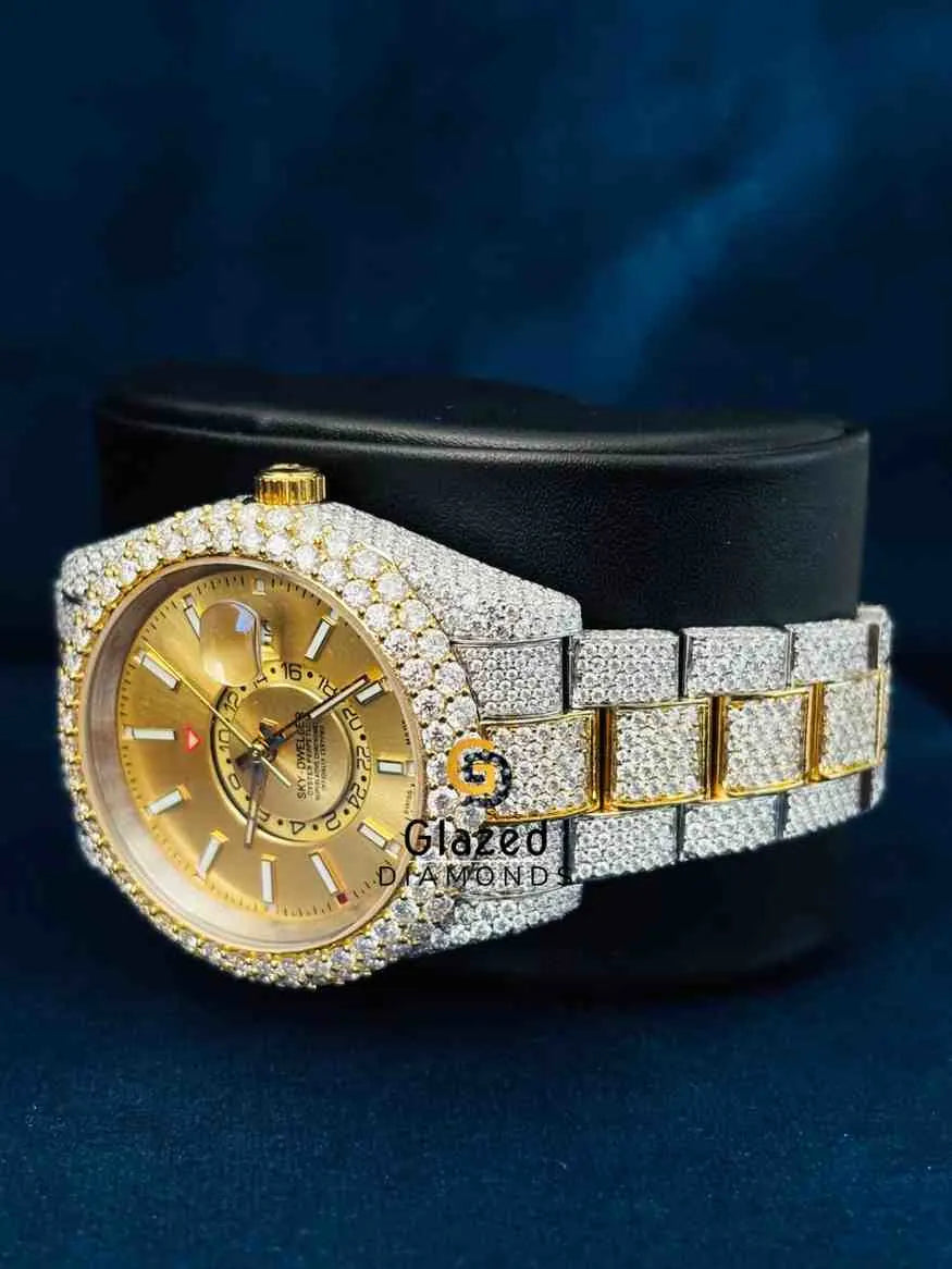 Yellow Dial Baguette Bar Sky Dweller Moissanite Watch For Men