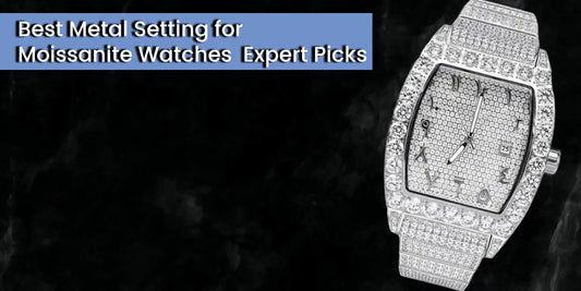 Luxury watch showcasing best metal setting for moissanite with blue dial and diamond finish