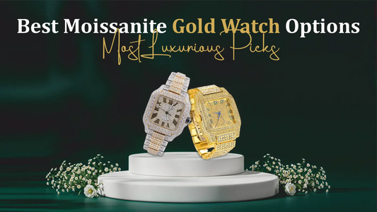 Moissanite Gold Watch options displayed on white podium
