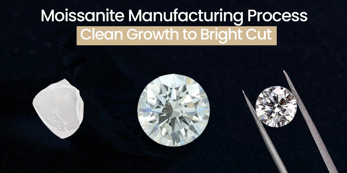 Moissanite manufacturing process showing raw to polished gemstone transformation