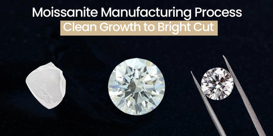Moissanite manufacturing process showing raw to polished gemstone transformation