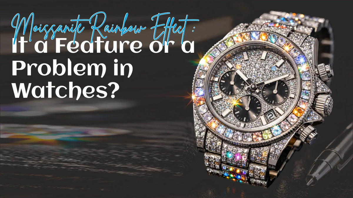 Moissanite Rainbow Effect seen in iced watch with colorful sparkle under light