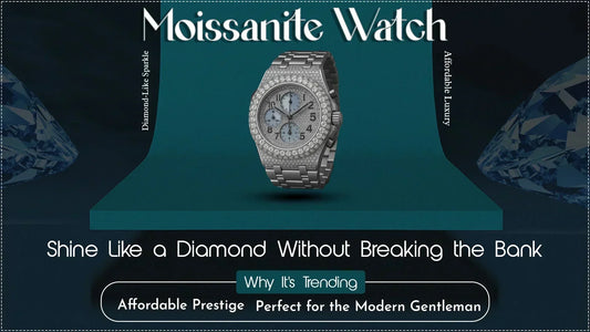 a beautiful moissanite watch with diamonds in the background