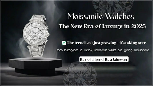 a moisannite watches standing on a black podium indication rise in moissanite watch demand