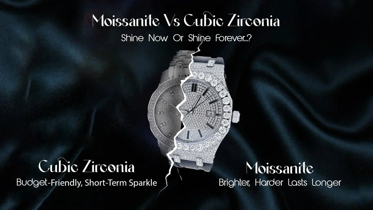 Moissanite vs Cubic Zirconia Watches shown with a split view for easy comparison
