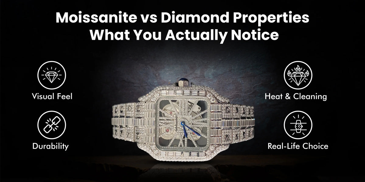 Moissanite vs diamond properties comparison showing visual feel, durability, and real-life watch choice