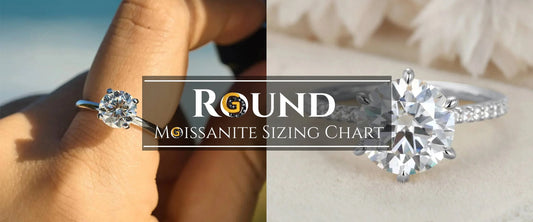 round cut moissanite ring on a finger of a lady who is watching diamond size chart